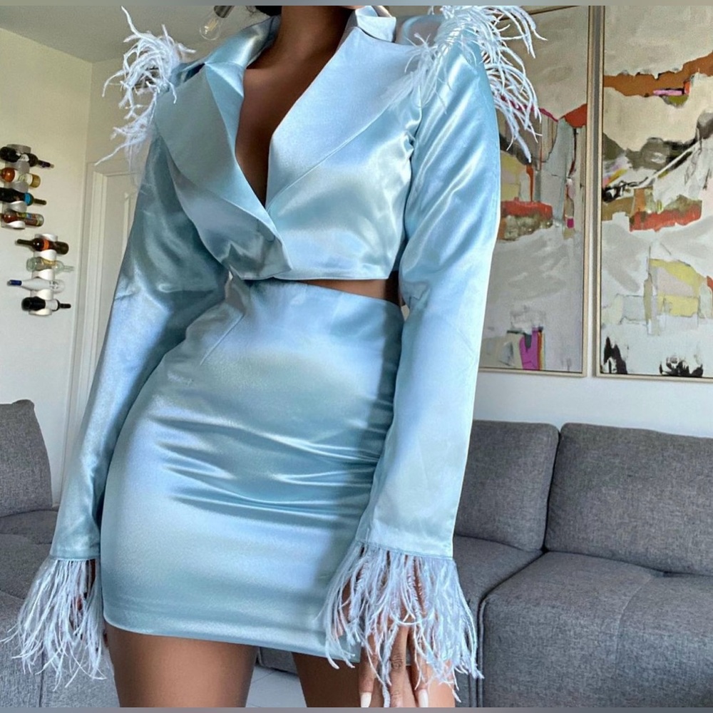 Feather silk blazer set